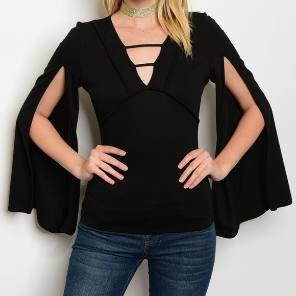 Tops - Black Split Sleeve Raised Seam Ponte Knit Top